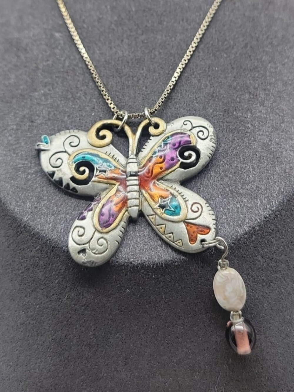 Sterling Silver Butterfly Pendant Necklace Enamel Inlaid 15" 925 Choker Chain - Picture 14 of 16
